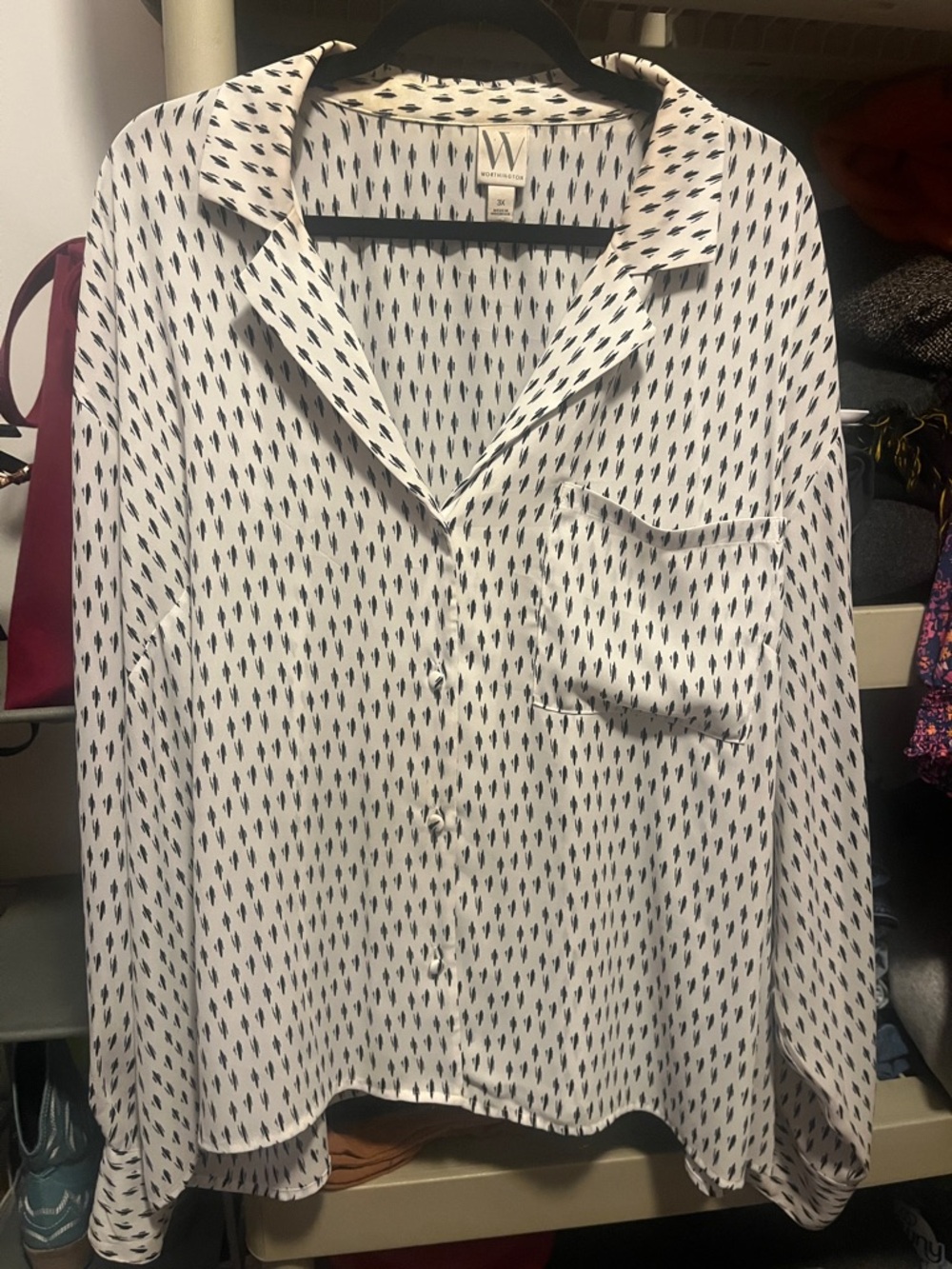 Worthington White Button-Up Blouse with Navy Teardrop Print